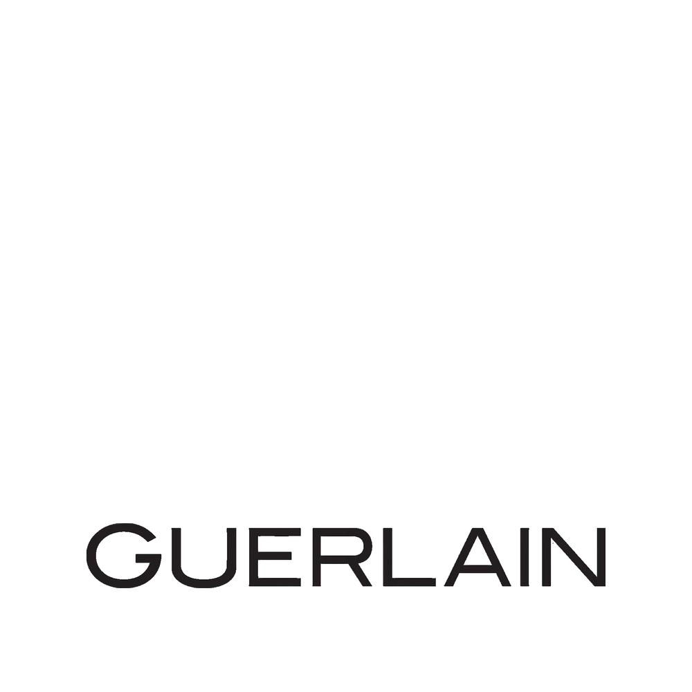 GUERLAIN logo, zwarte tekst op witte achtergrond.