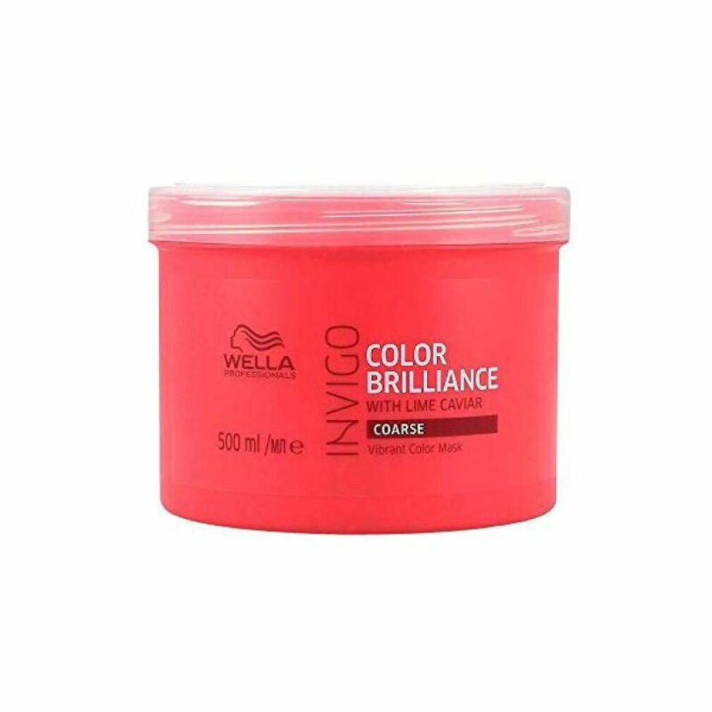 Pot rouge Wella Invigo Color Brilliance. Inscription: Color Brilliance, avec caviar de citron vert, Coarse, Vibrant Color Mask.