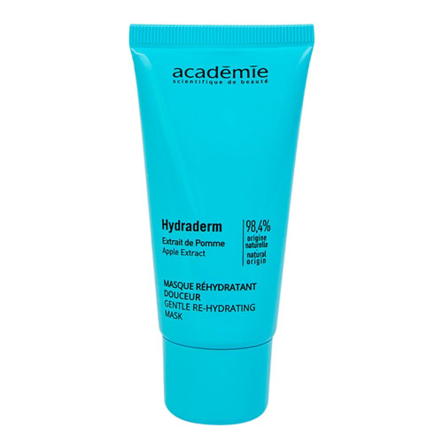 Tube bleu turquoise. Inscriptions: Académie, Hydraderm, Extrait de Pomme, 98,4% origine naturelle, Masque Réhydratant Douceur, Gentle Re-Hydrating Mask.