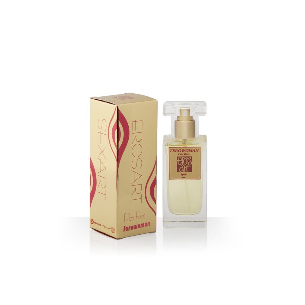 Parfum Eros - Ferowoman en flacon de verre avec pompe et emballage.