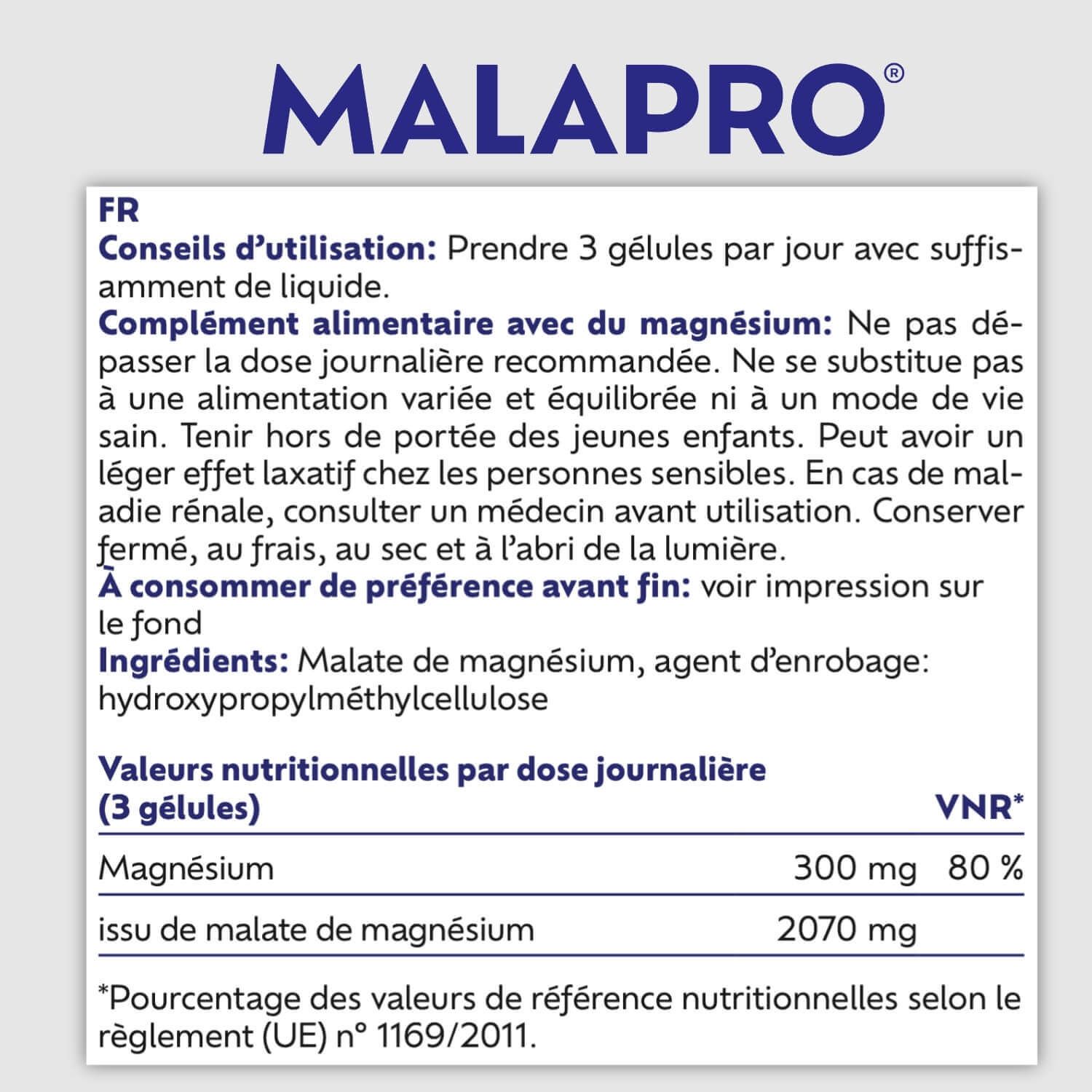 Texte : MALAPRO, Malate de magnésium. Ingrédients, valeurs nutritionnelles. Symboles : gélule, feuille, X.