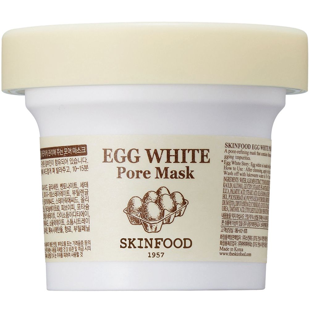 Pot blanc avec masque. Texte: Egg White Pore Mask, Skinfood.