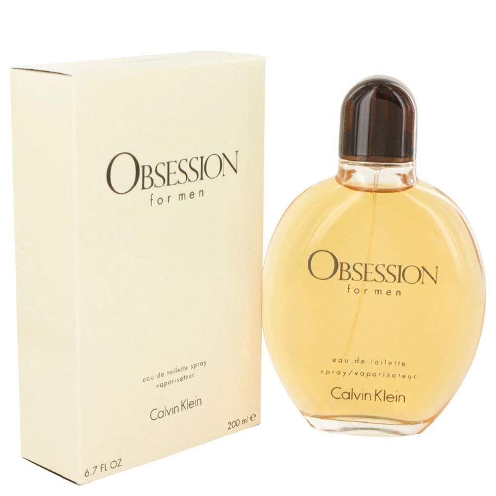 Flacon et emballage Obsession for men. Flacon rond, jaune clair. Emballage beige avec Obsession et Calvin Klein.