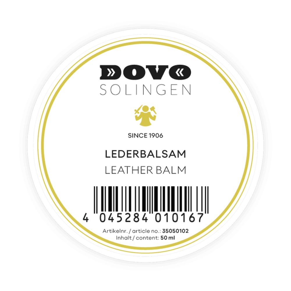 Ronde sticker met gouden rand. Opschrift: DOVO Solingen, Lederbalsam, Leather Balm. Barcode en andere informatie.