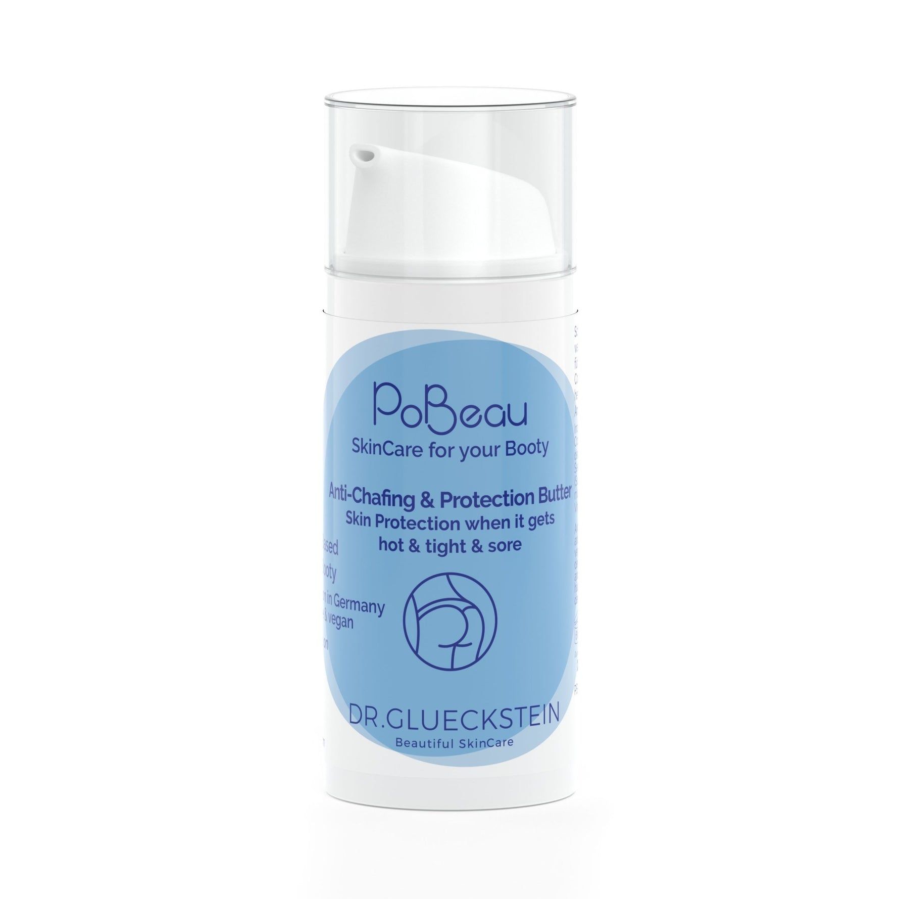 Flacon cylindrique avec pompe. Étiquettes bleues avec texte: PoBeau, Anti-Chafing & Protection Butter. Logo: Fesses. Marque: Dr. Glueckstein.