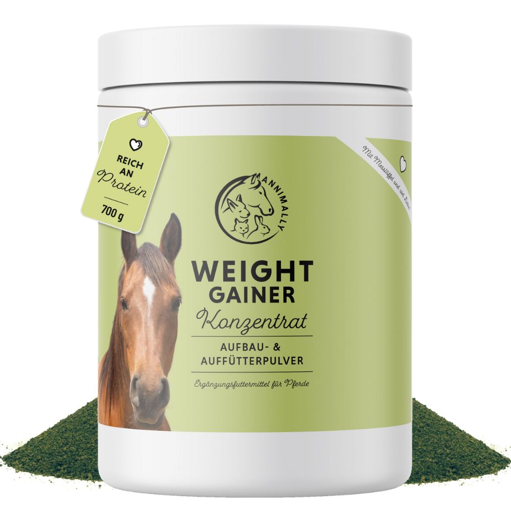 Boîte blanche avec étiquette verte. Contient Weight Gainer Konzentrat. 700g. Inscription : Riche en protéines. Illustration de cheval.