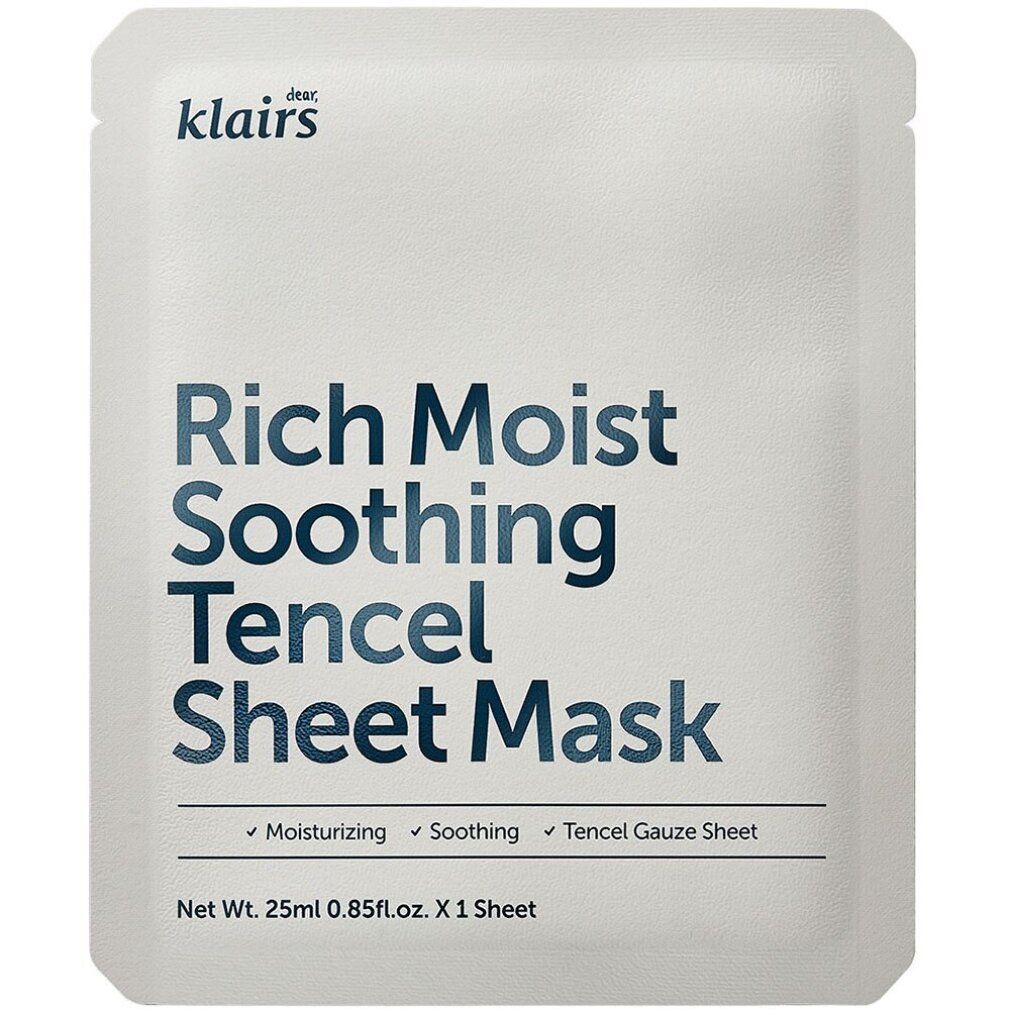 Emballage individuel du masque en tissu Klairs Rich Moist Soothing Tencel avec informations produit.