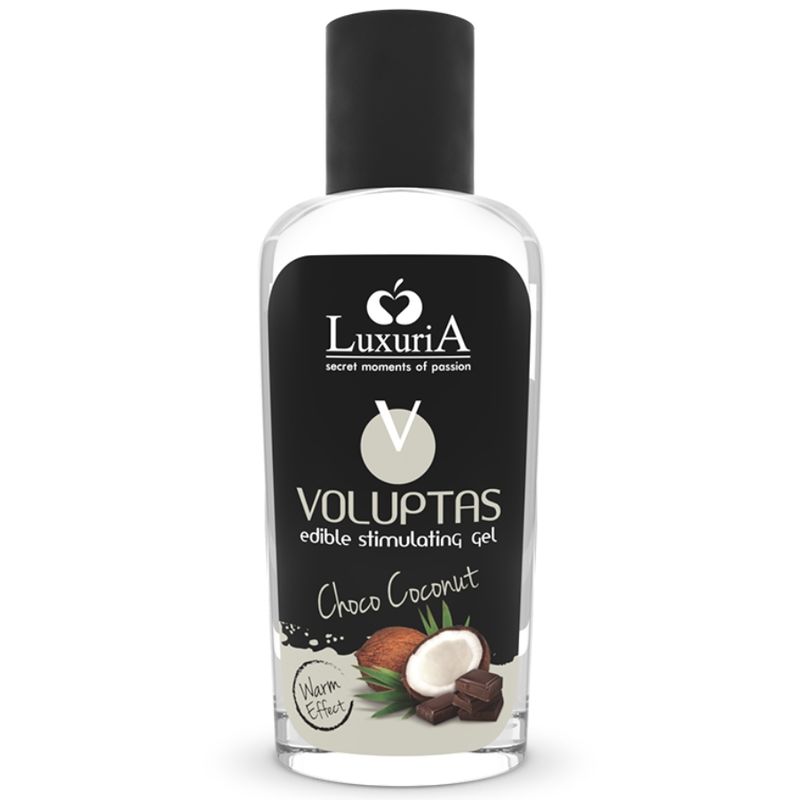 Gel de massage liquide dans une bouteille transparente avec un bouchon noir. Étiquette avec "VOLUPTAS edible stimulating gel Choco Coconut" et "Warm Effect".