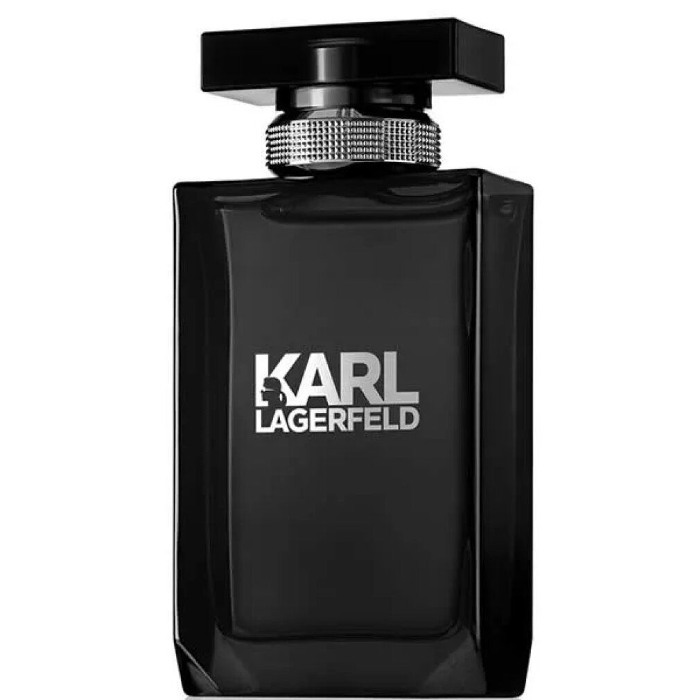 Flacon en verre noir Karl Lagerfeld Pour Homme Eau de Toilette avec anneau argenté moleté sous le bouchon noir.