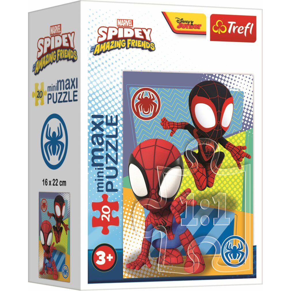 Boîte de puzzle avec figurines Spidey. Logo Marvel, Spidey et Trefl. 20 pièces, 16x22 cm. Recommandé 3+.