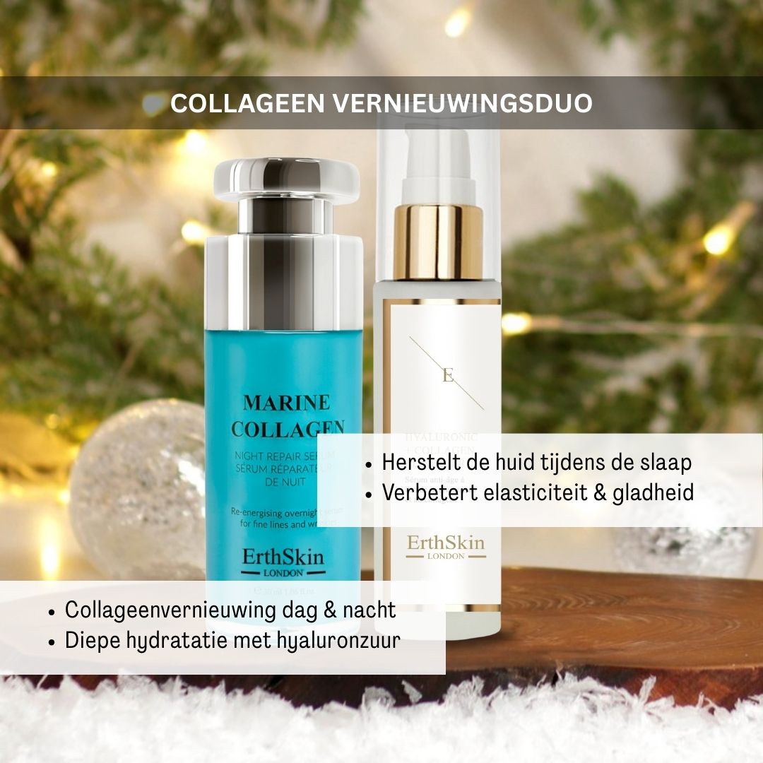 ErthSkin London Collageen Vernieuwingsduo: Marine Collagen Night Repair Serum en Hyaluronic + Collagen Elixir Serum.