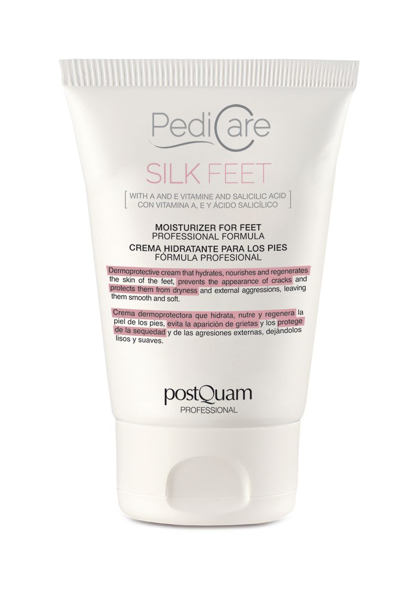 Tube blanc 'PediCare Silk Feet'. Texte anglais et espagnol. Logo 'Postquam' en bas.