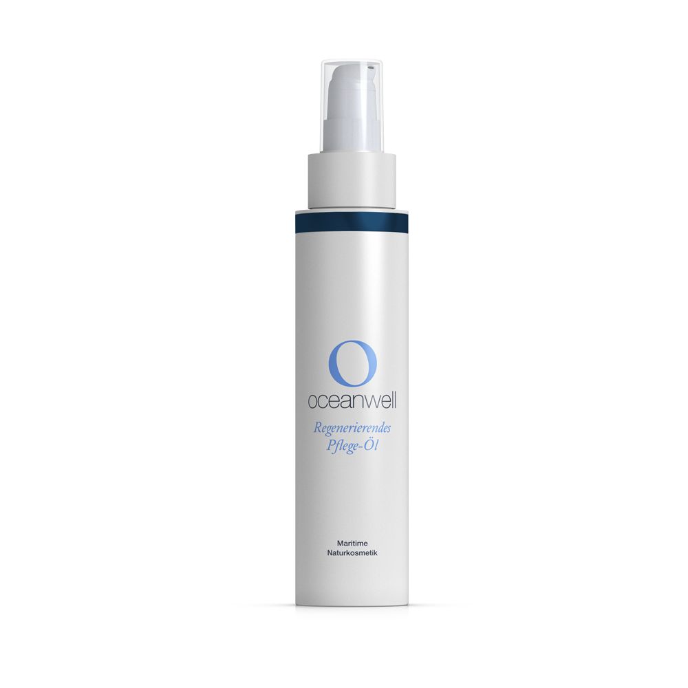 Fles met pomp. Opschrift: oceanwell Regenerierendes Pflege-Öl. Marine natuurlijke cosmetica.