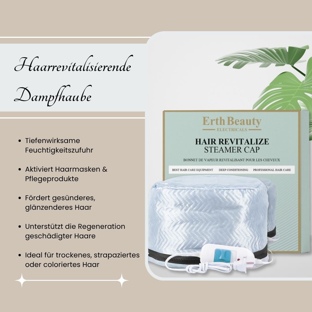 Lichtblauwe stoomkap en verpakking. Tekst: Haar revitaliserende stoomkap. Voordelen: hydratatie, glanzend haar.