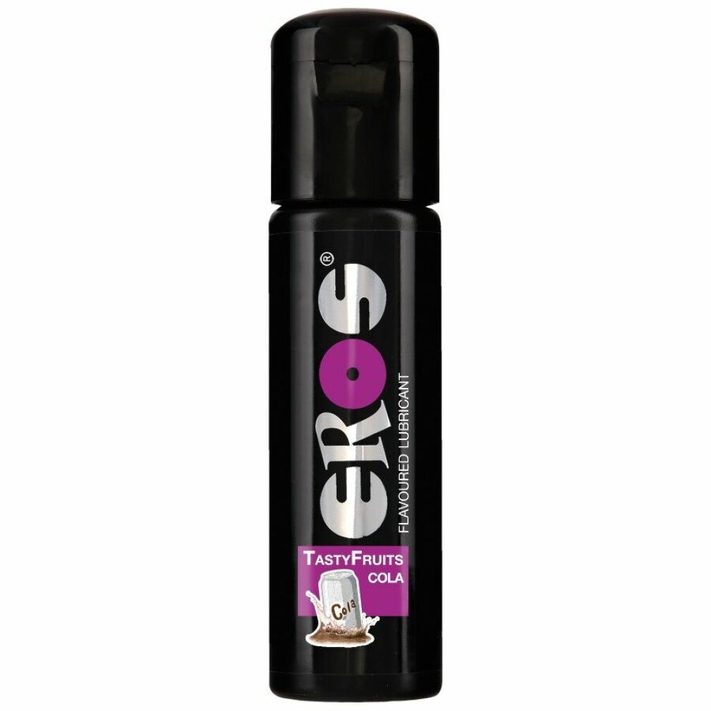 Flacon noir avec bouchon noir. Inscription EROS, Tasty Fruits Cola. Illustration d'un verre de cola.