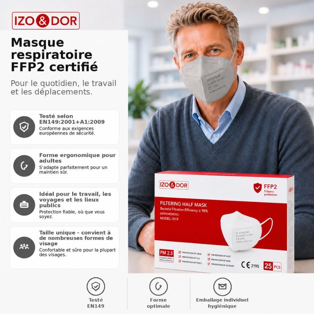 Emballage de masque FFP2; 25 pièces, CE 2195, 5 couches, efficacité filtration >98%.