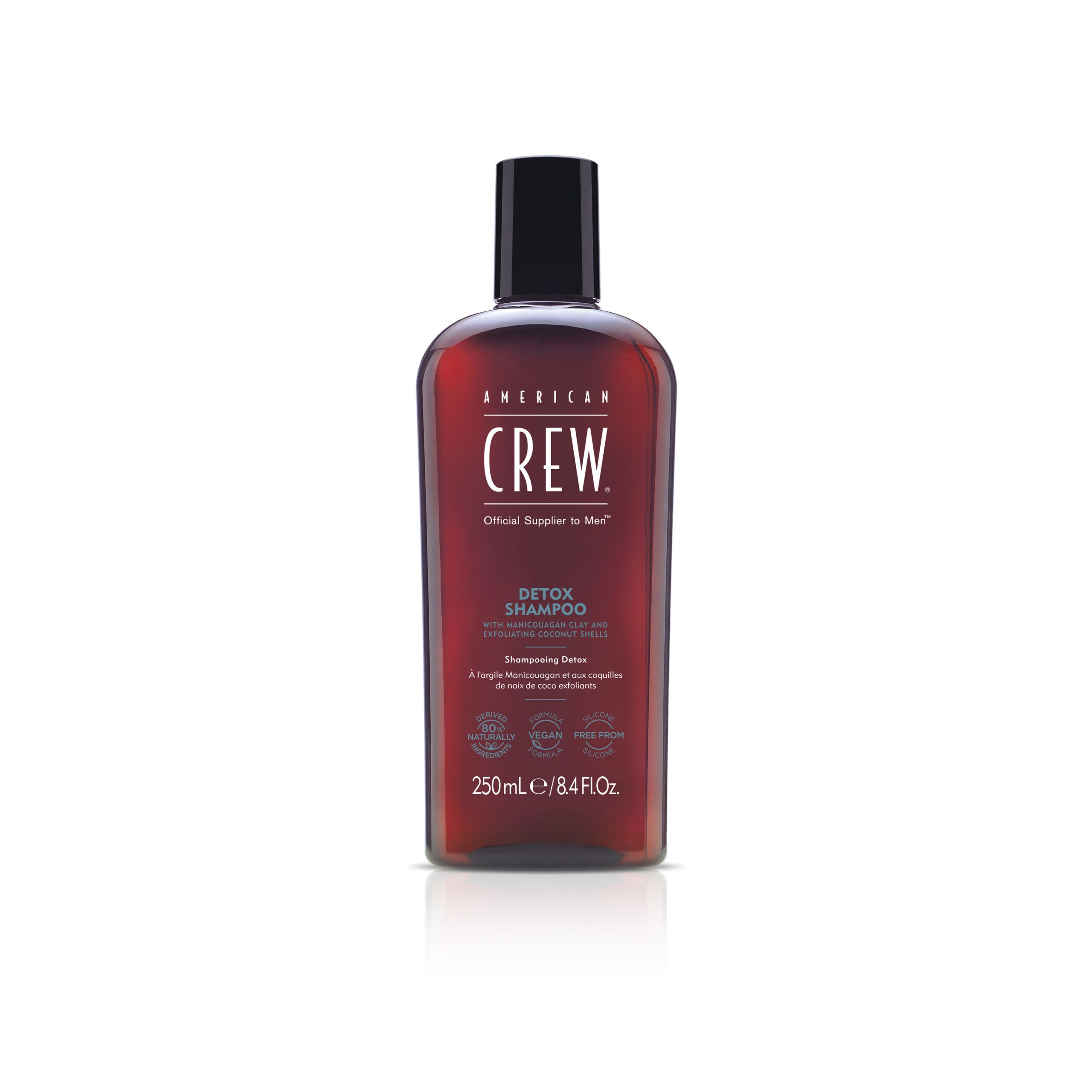 Bruine fles met zwarte dop. Opschrift: AMERICAN CREW, Detox Shampoo. 250ml.