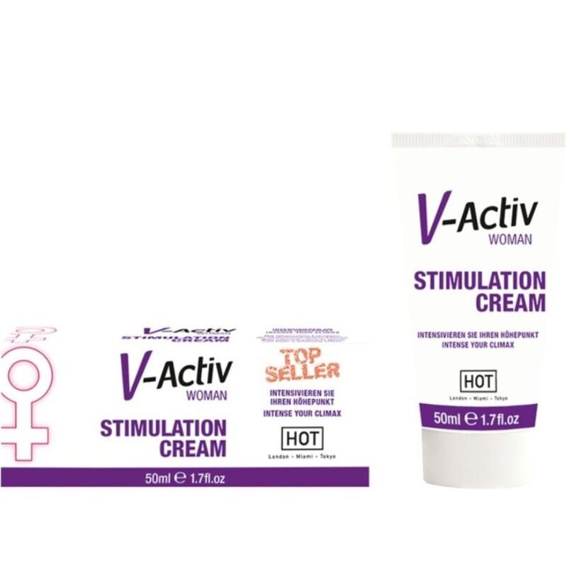 Tube et boîte de crème de stimulation V-Activ Woman. Avec symbole féminin de Vénus et logo "HOT".