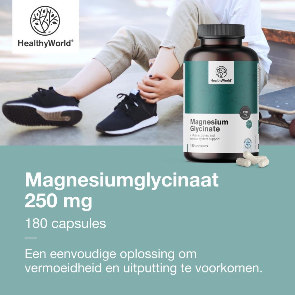 Fles HealthyWorld Magnesiumglycinaat 250 mg, 180 capsules. Tekst: Ingrediënten, dosering, waarschuwingen.