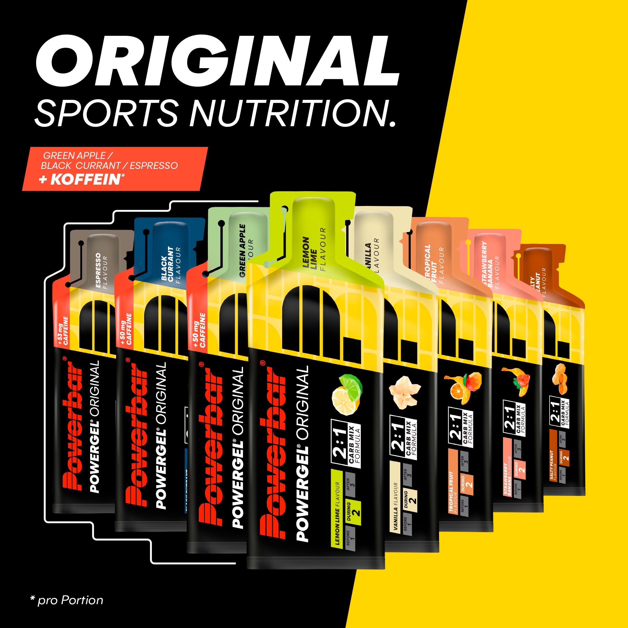 Reeks PowerBar PowerGel Original gels in verschillende smaken, waaronder Salty Peanut.