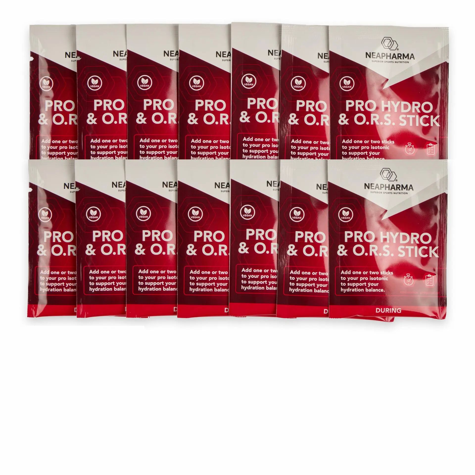 Plusieurs sachets rouges et blancs. Inscription: PRO HYDRO & O.R.S. STICK. Marque: NEAPHARMA.