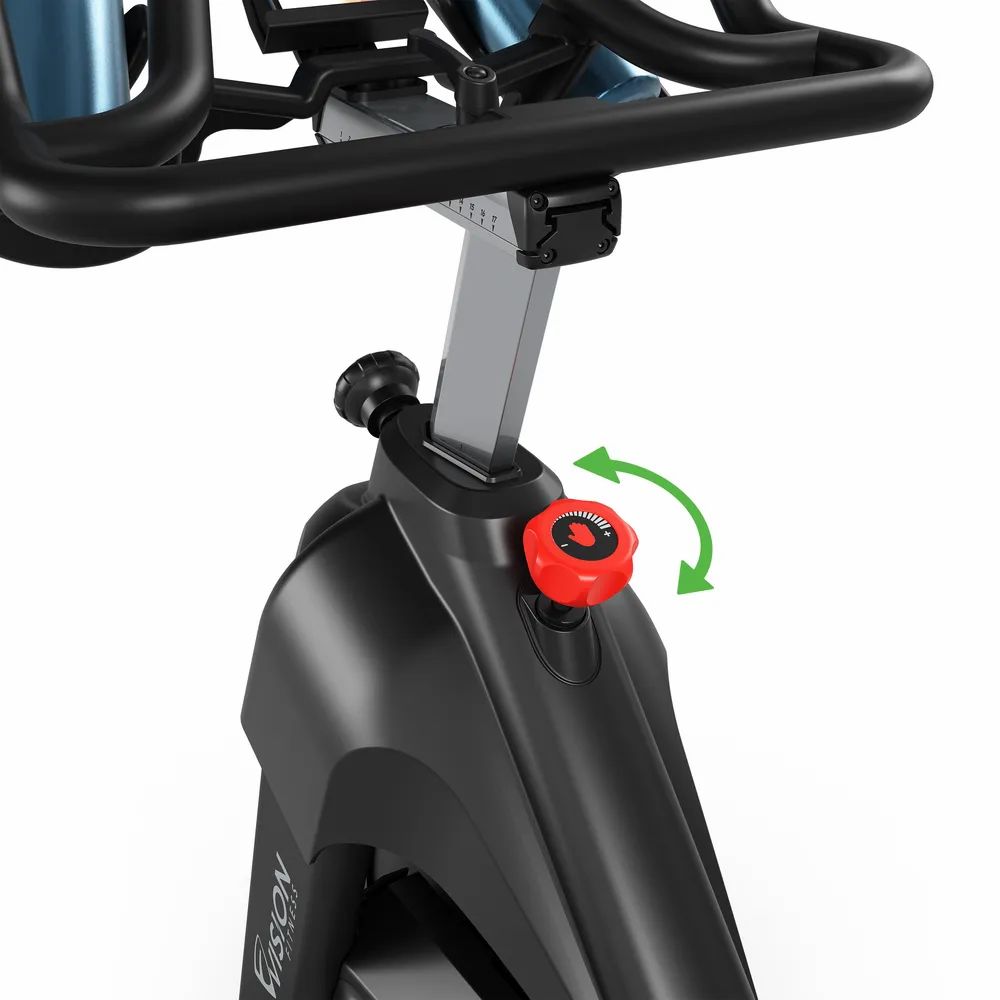 Detail van de indoorfiets. Rode instelknop met pijlen. Vision-logo zichtbaar.