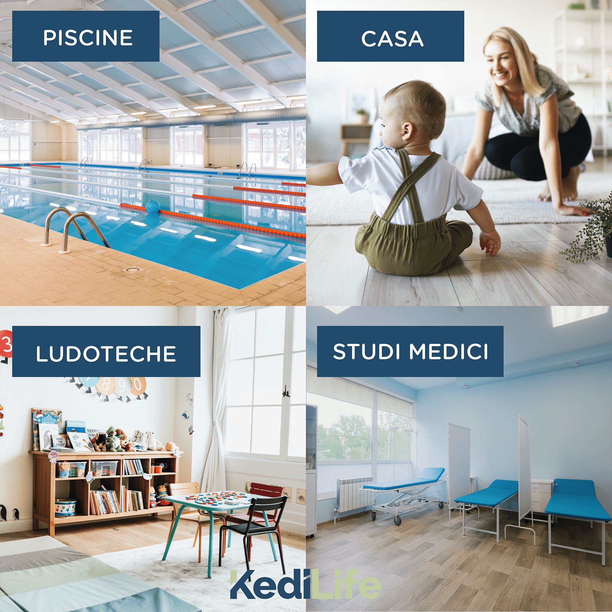 Quatre images : piscine, maison, salle de jeux, cabinet médical. Logo KediLife en bas.