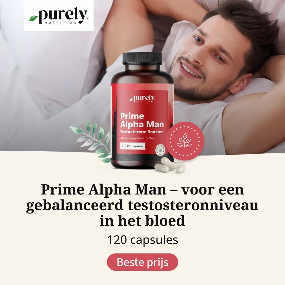 Productfles met capsules. Tekst: Prime Alpha Man, 120 capsules. Logo: purely nutrition. Man in bed.