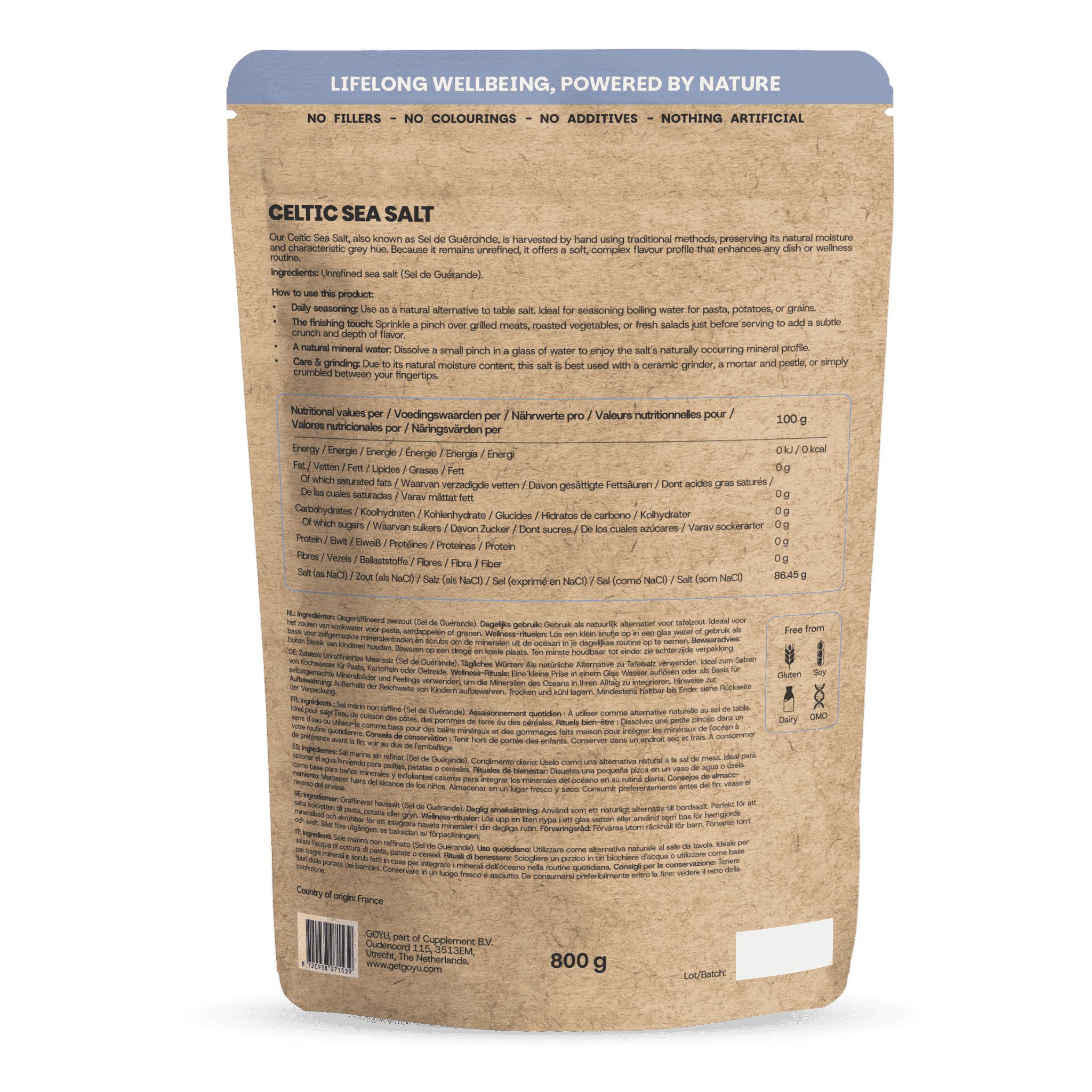 Dos d'un paquet de 800g de sel de mer celtique GOYU avec informations nutritionnelles et certifications.