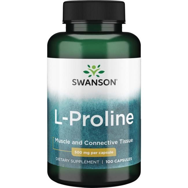 Bouteille verte de gélules de L-Proline, 500 mg par gélule, 100 gélules.