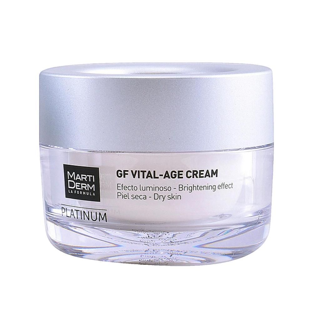 Crèmepot met zilveren deksel. Opschrift: Marti Derm Platinum GF Vital-Age Cream. Voor de droge huid.