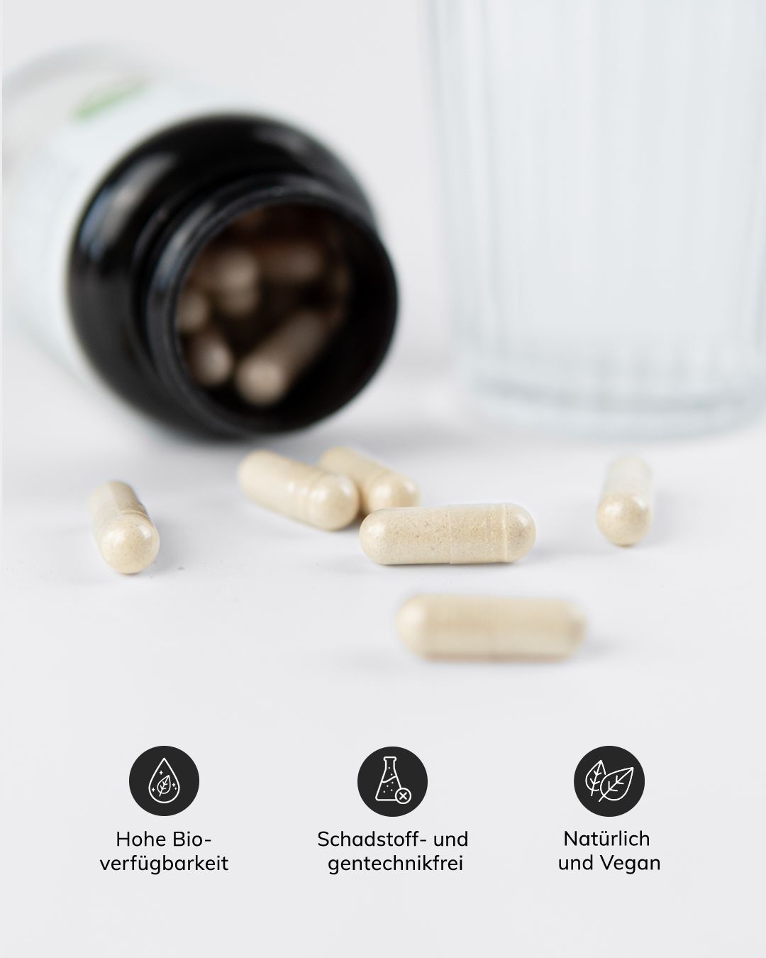 Une bouteille avec des gélules et plusieurs gélules à côté. Icônes pour la biodisponibilité, sans polluants et végétalien.
