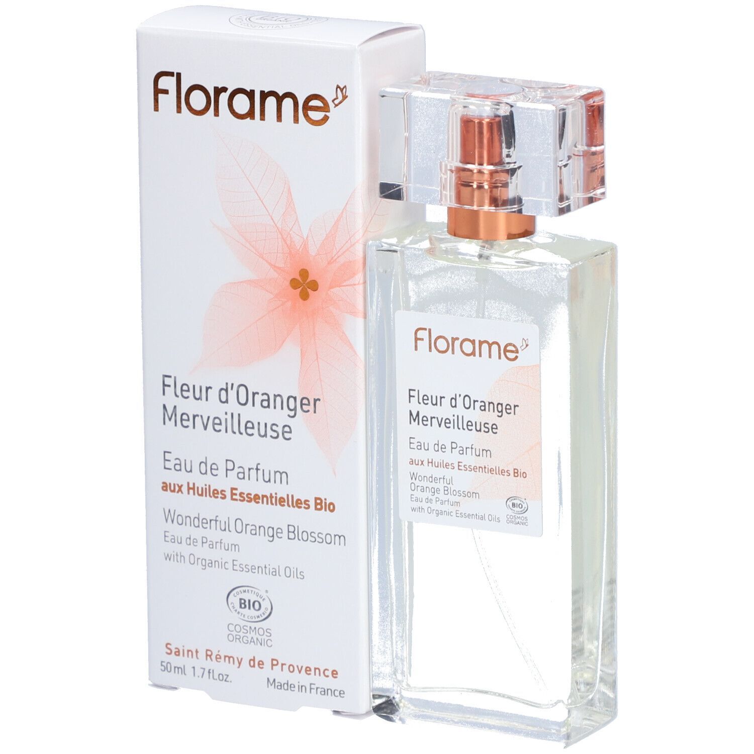 Flacon de parfum Florame et son emballage. Inscription : Fleur d'Oranger Merveilleuse, Eau de Parfum aux Huiles Essentielles Bio.