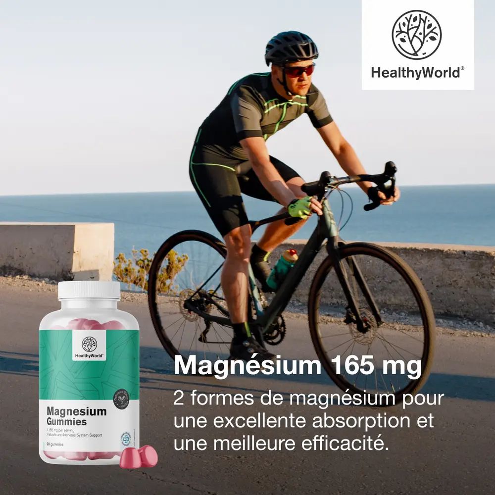 Homme à vélo. À côté, flacon de Magnesium Gummies. Texte: Magnésium 165 mg, 2 formes de magnésium pour une excellente absorption.
