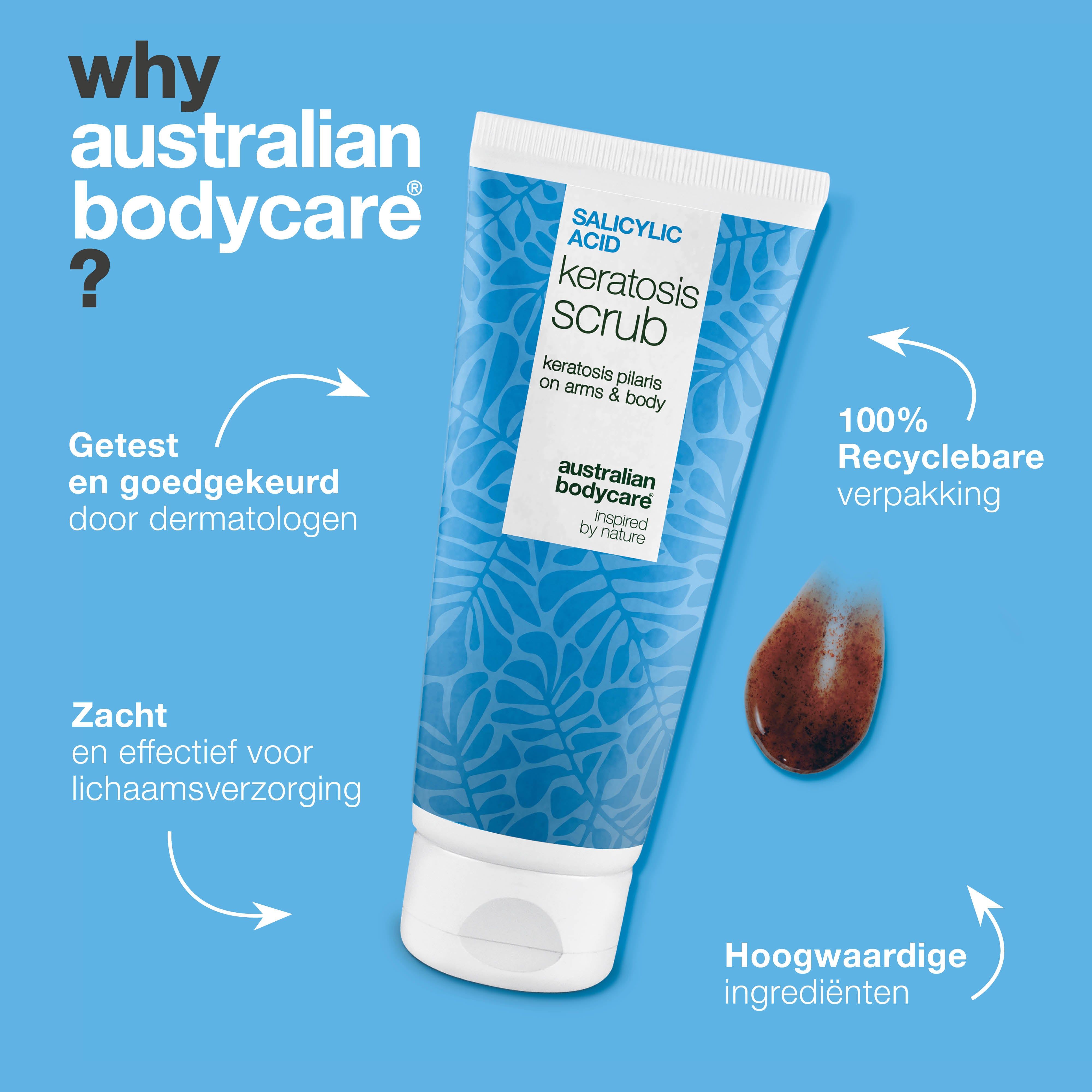 Tube scrub, bruin scrubmonster. Tekst: getest door dermatologen, 100% recyclebare verpakking.