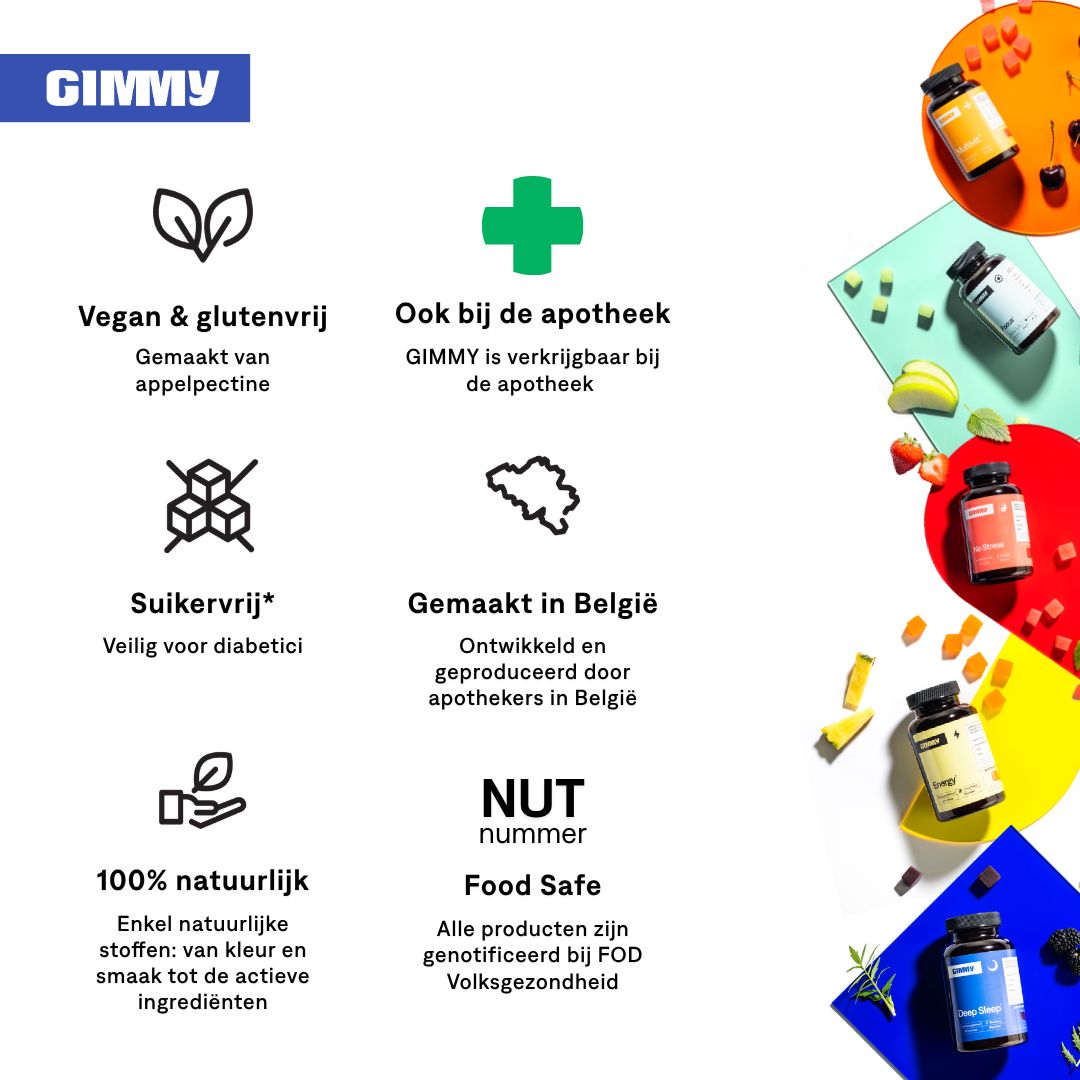 Infographic met GIMMY-logo en tekst. Bevat informatie over ingrediënten, herkomst en certificeringen.