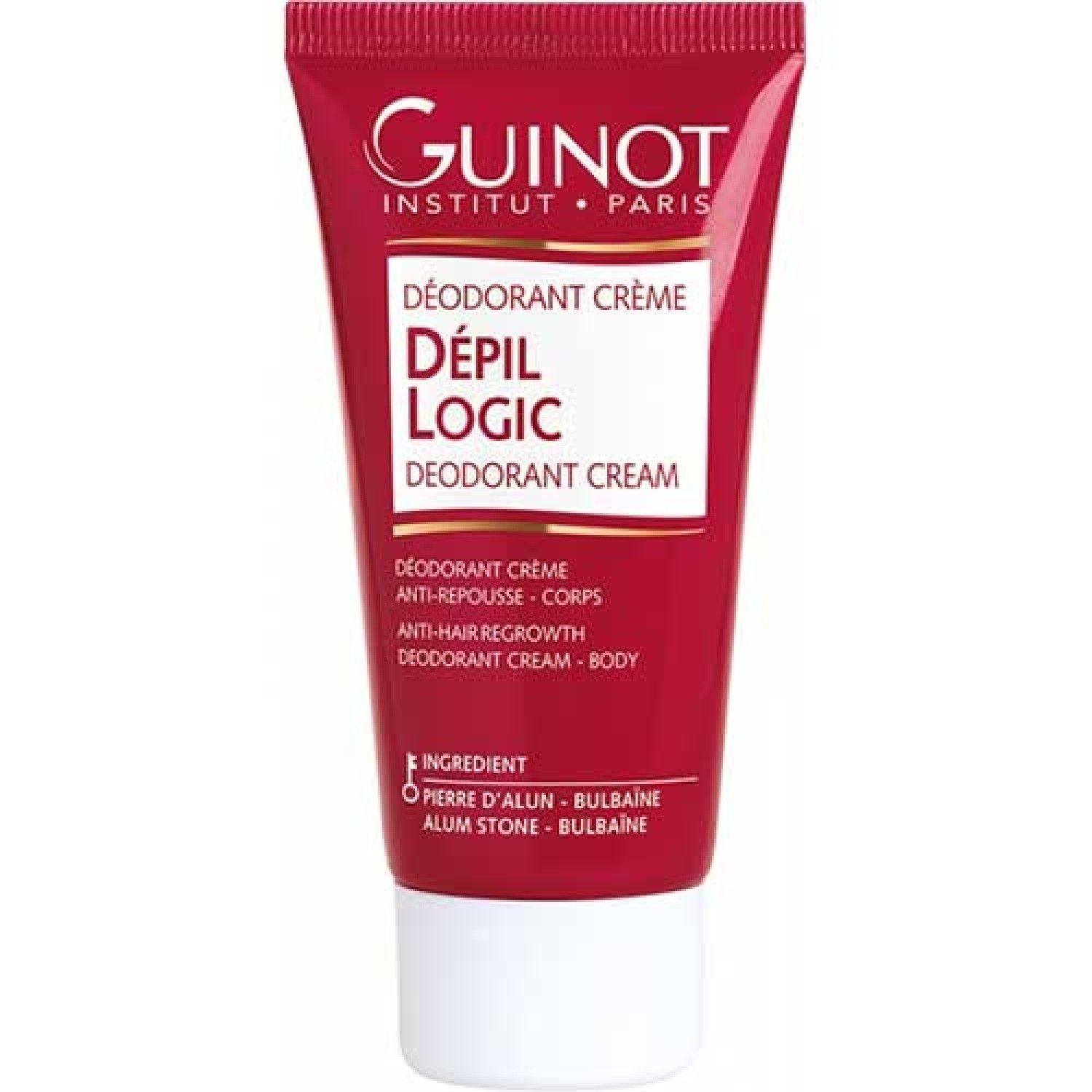 Tube rouge avec bouchon blanc. Inscription: Guinot, Dépil Logic Deodorant Crème. Contient des ingrédients comme Pierre d'Alun.