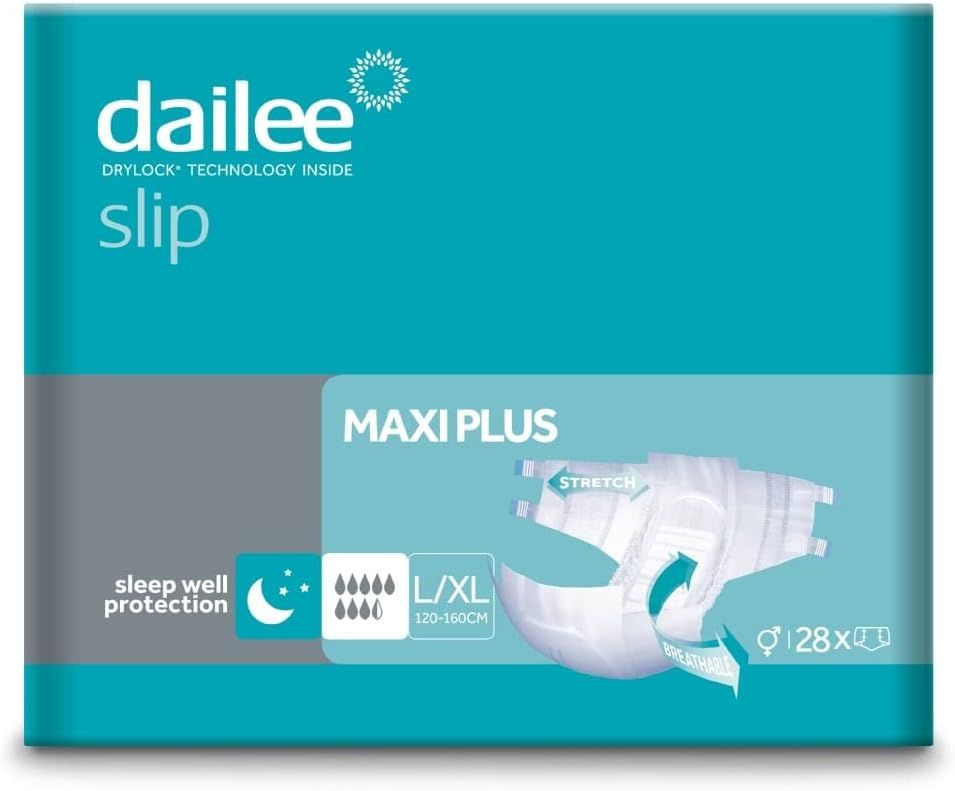 Emballage Dailee Slip Maxi Plus. Design turquoise et blanc avec image du produit et informations de taille. L/XL, 120-160cm, 128 pièces.