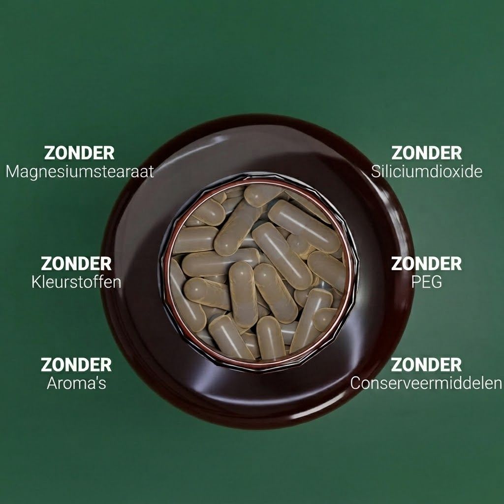 Bruine capsules in bruine fles, zonder magnesiumstearaat, kleurstoffen, aroma's, siliciumdioxide, PEG, conserveermiddelen.