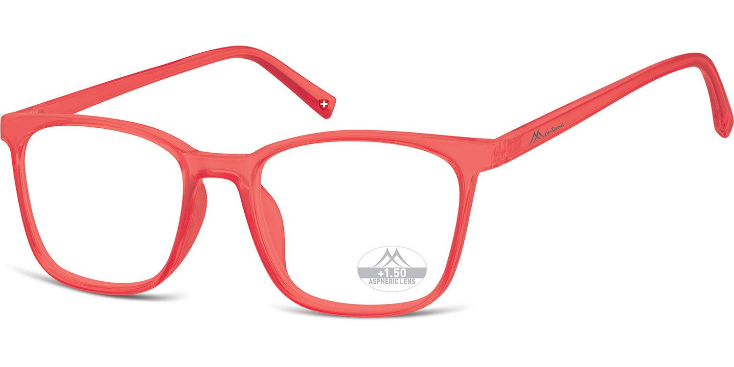 Lunettes rouges à monture rectangulaire. Branches avec logo. Logo sur les verres.
