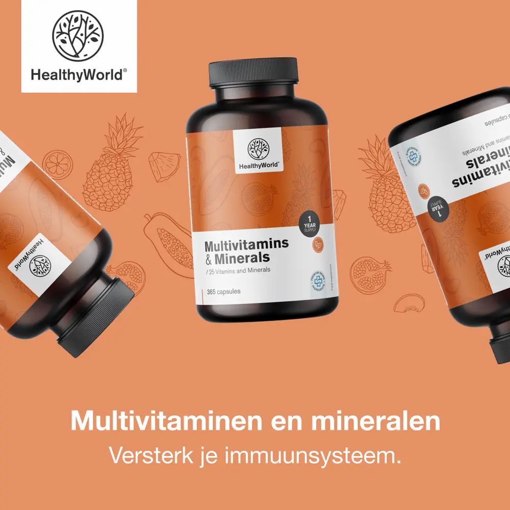 Meerdere flessen met multivitamines en mineralen. Logo: HealthyWorld. Tekst: Versterk je immuunsysteem. 365 capsules.