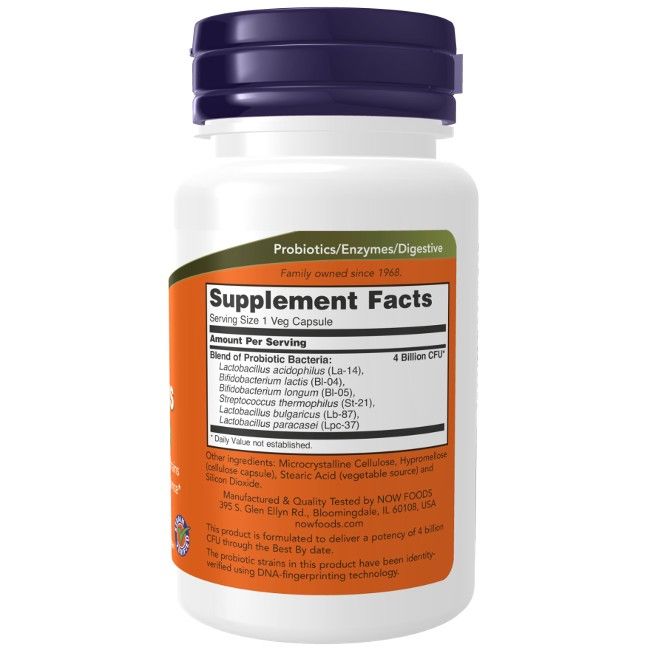 Flacon blanc, bouchon bleu. Étiquette avec informations produit et nutritionnelles. Texte : NOW FOODS, Acidophilus, 60 gélules végétales.