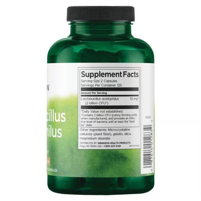 Achterkant van de groene fles. Etiket met voedingsinformatie. Bevat Lactobacillus acidophilus. Ingrediëntenlijst en contactgegevens.