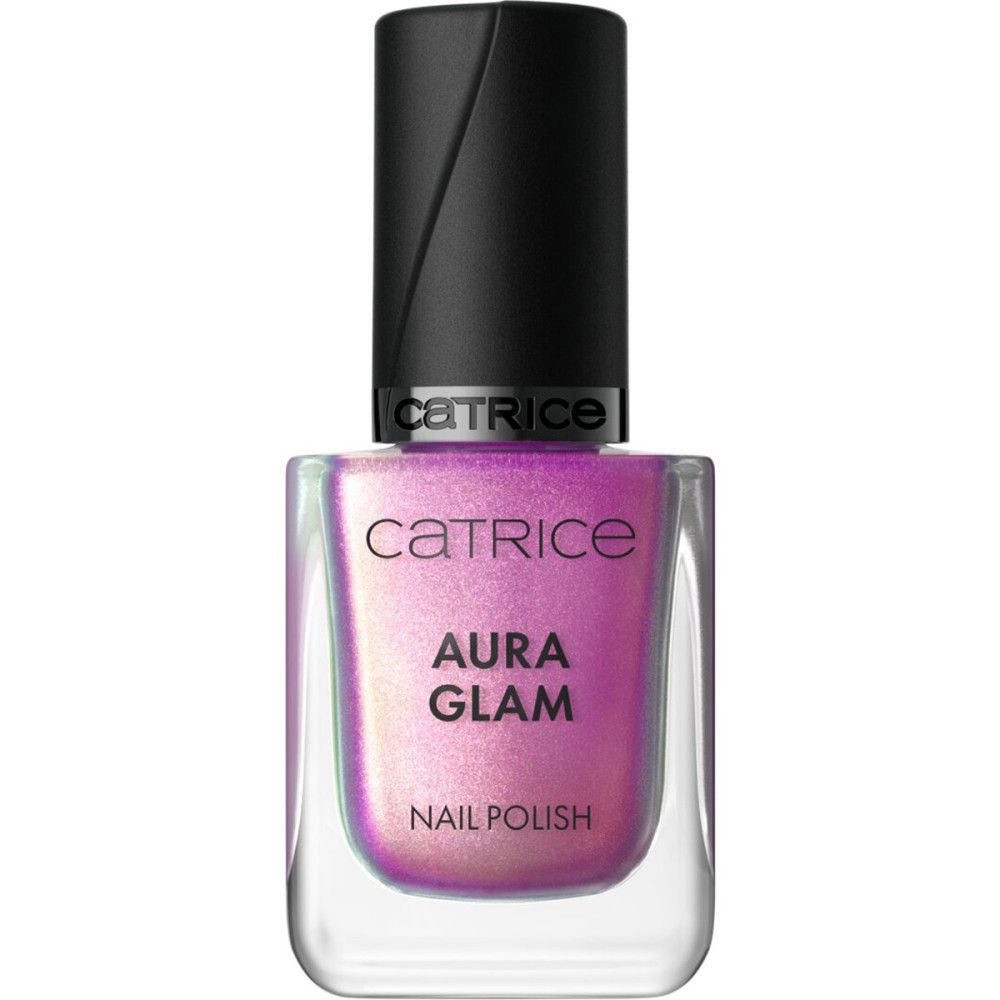 Nagellakfles met zwarte dop. Roze naar paarse kleurovergang. Opschrift: Catrice, Aura Glam, Nail Polish.