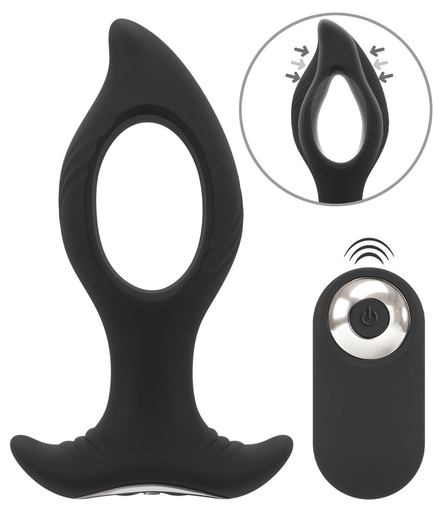 Zwarte anale plug met gat-design, afstandsbediening en vibratiesymbolen.