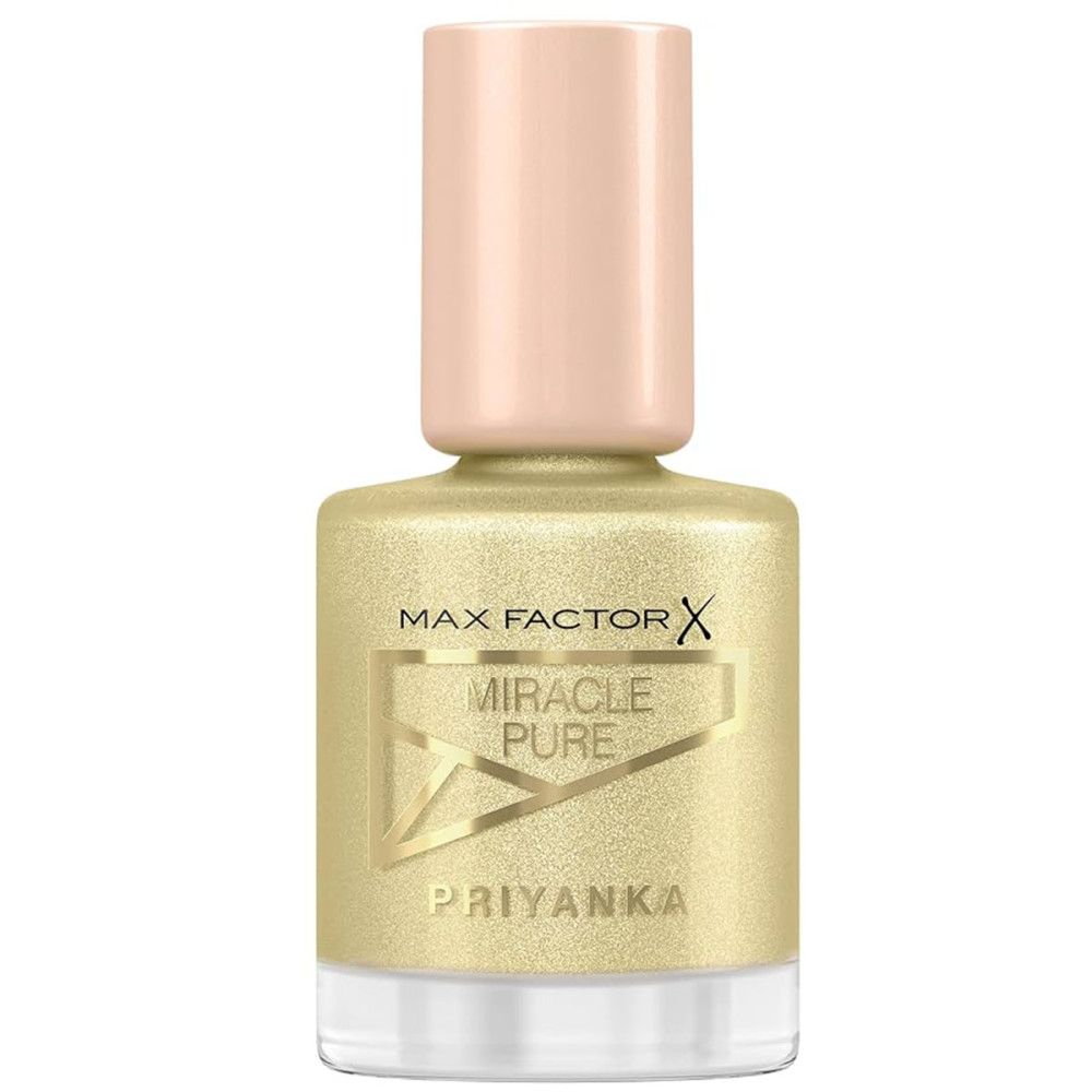 Nagellakflesje. Gouden lak, roze dop. Opschrift: Max Factor, Miracle Pure, Priyanka.
