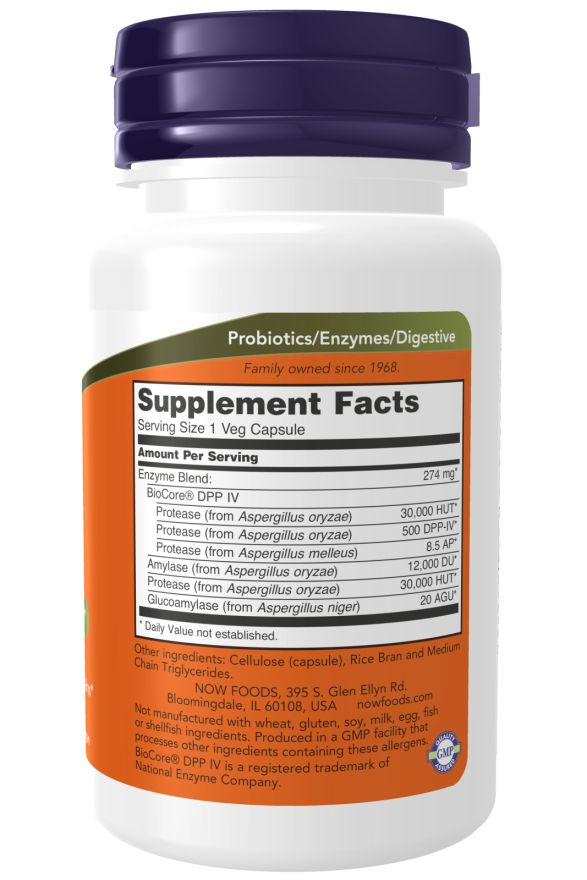 Achterkant fles. Opschrift: Supplement Facts, Enzyme Blend, ingrediënten, NOW FOODS, GMP-certificering.