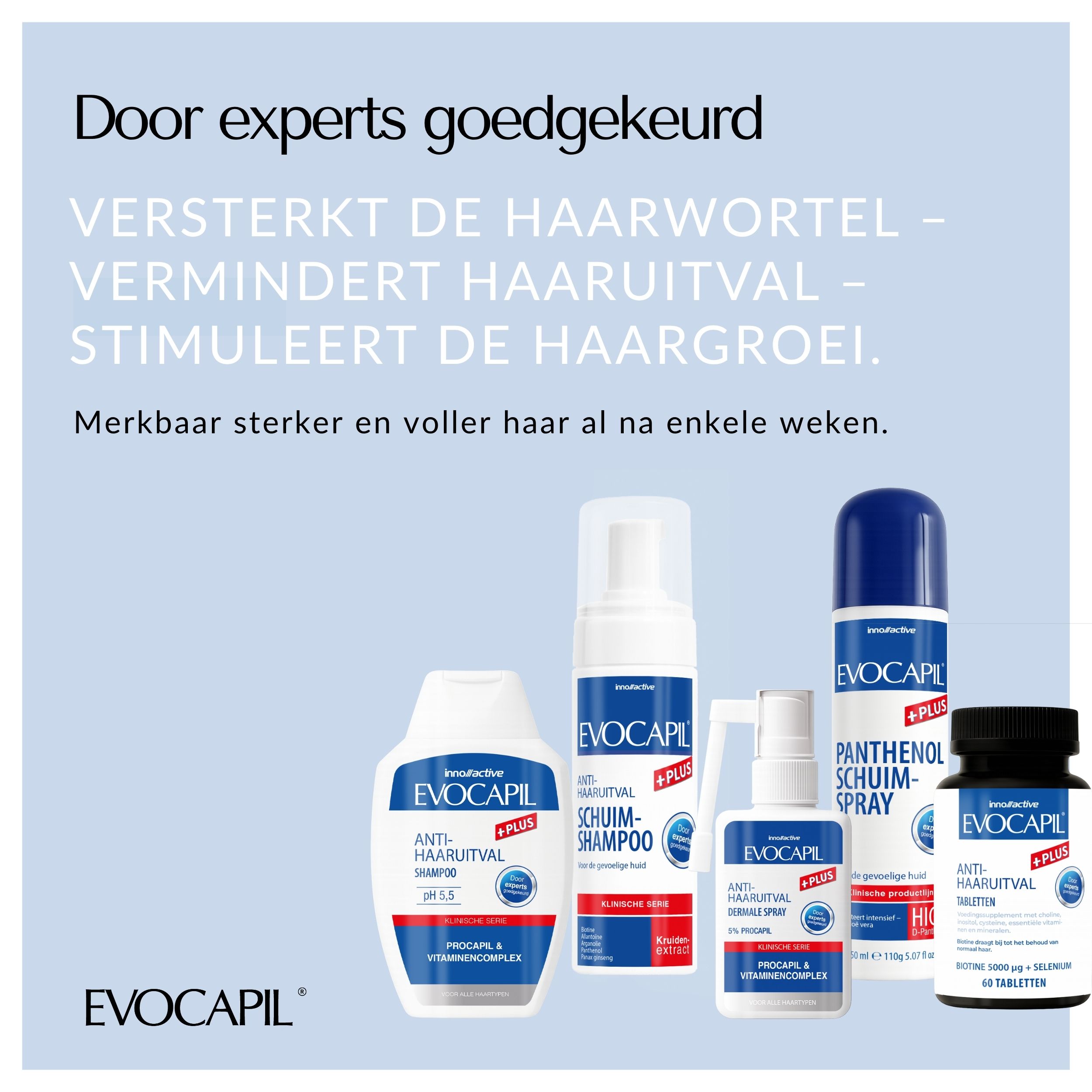 Verschillende producten: Shampoo, schuim, spray, tabletten. Tekst: Versterkt de haarwortel, vermindert haaruitval.