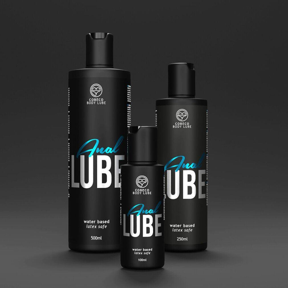 Trois flacons noirs d'Anal Lube, tailles 500ml, 100ml et 250ml.