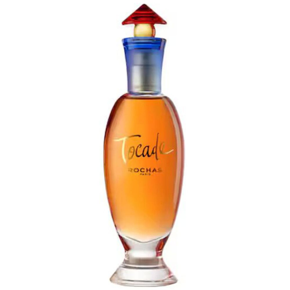 Flacon Rochas Tocade Eau de Toilette avec bouchon bleu et rouge.